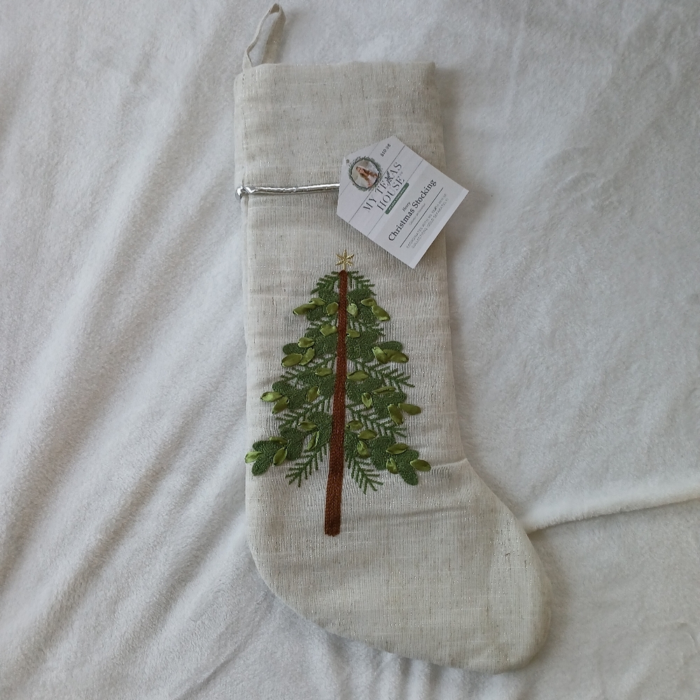 My Texas House Henry Embroidered Tree Christmas Stocking Ivory Green Silver